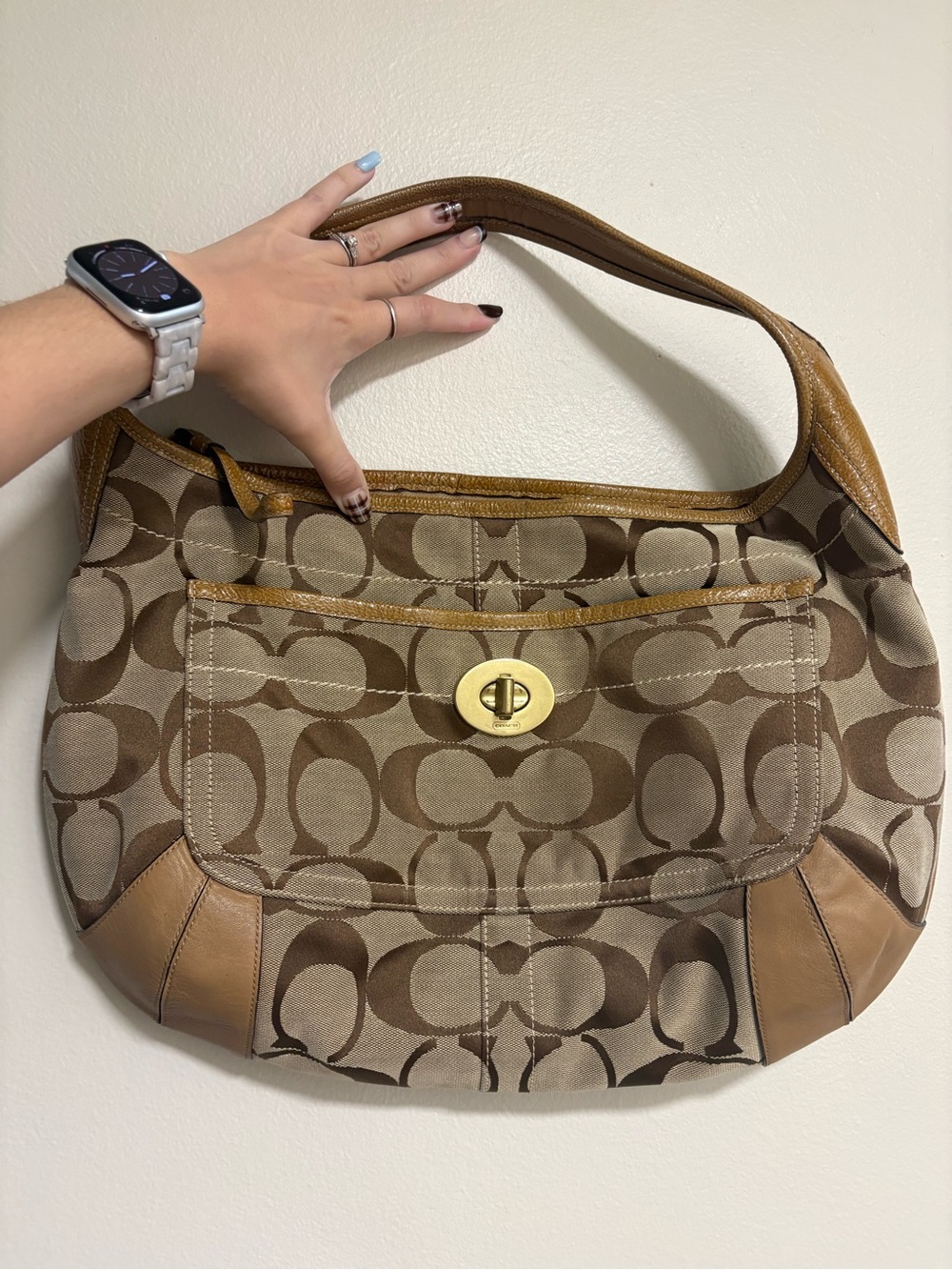 Y2K Coach Signature Jacquard Hobo Large  Shoulder Bag Brown Tan F18011